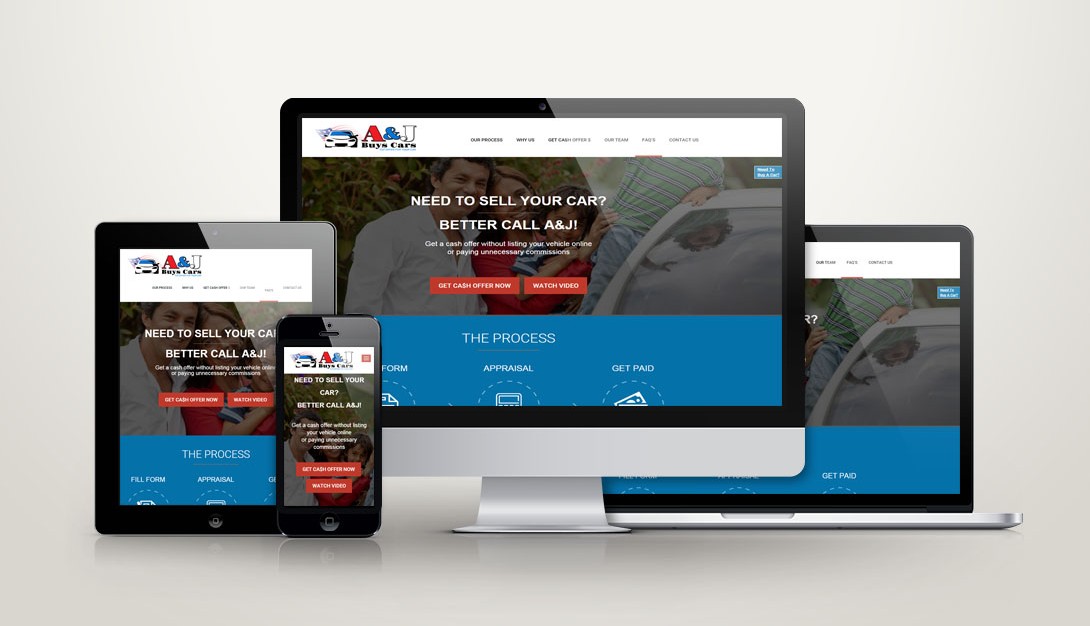 A&J Sells’ responsive car-buying website is shown on a smartphone, tablet, laptop, and desktop monitor, each displaying the same homepage with blue, red, and white website design elements featuring cars.