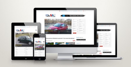 A car dealership website design displayed responsively on a smartphone, tablet, laptop, and desktop monitor, showing consistent cars listings and layout across all devices.