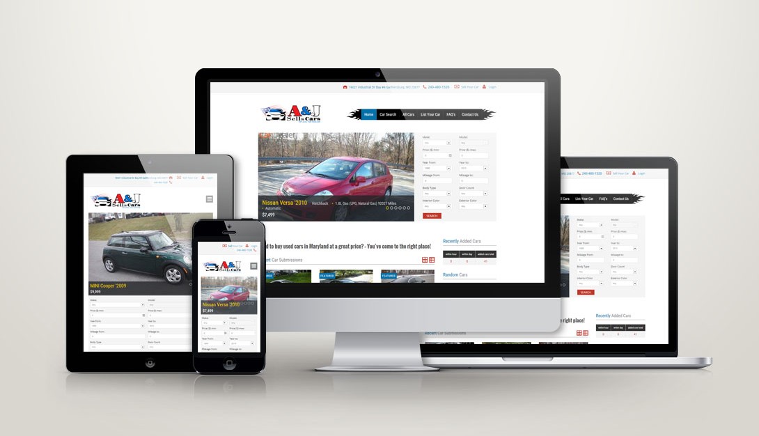 A car dealership website design displayed responsively on a smartphone, tablet, laptop, and desktop monitor, showing consistent cars listings and layout across all devices.
