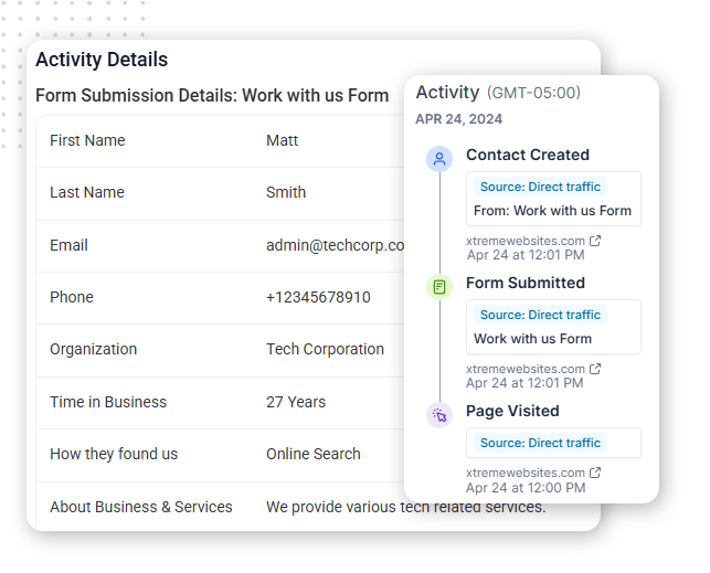 Screenshot showing a form submission summary for Matt Smith, including details like email, phone, and organization. On the right, an activity log highlights steps in process automation: contact creation, form submission, and a page visit on April 24, 2024.