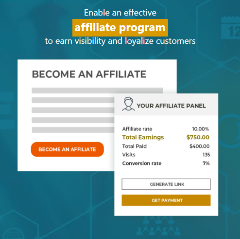 A graphic promoting an affiliate program shows a Become an Affiliate button and an affiliate panel displaying stats like total earnings, conversion rate, and payments, with text encouraging earning visibility and customer loyalty.