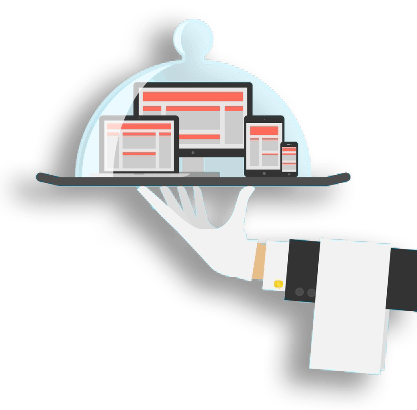 all-inclusive-warranty-2 A gloved hand holding a serving tray with various digital devices, including a desktop, laptop, tablet, and smartphone, all displaying similar web layouts under a cloche, symbolizing responsive web design as a service.