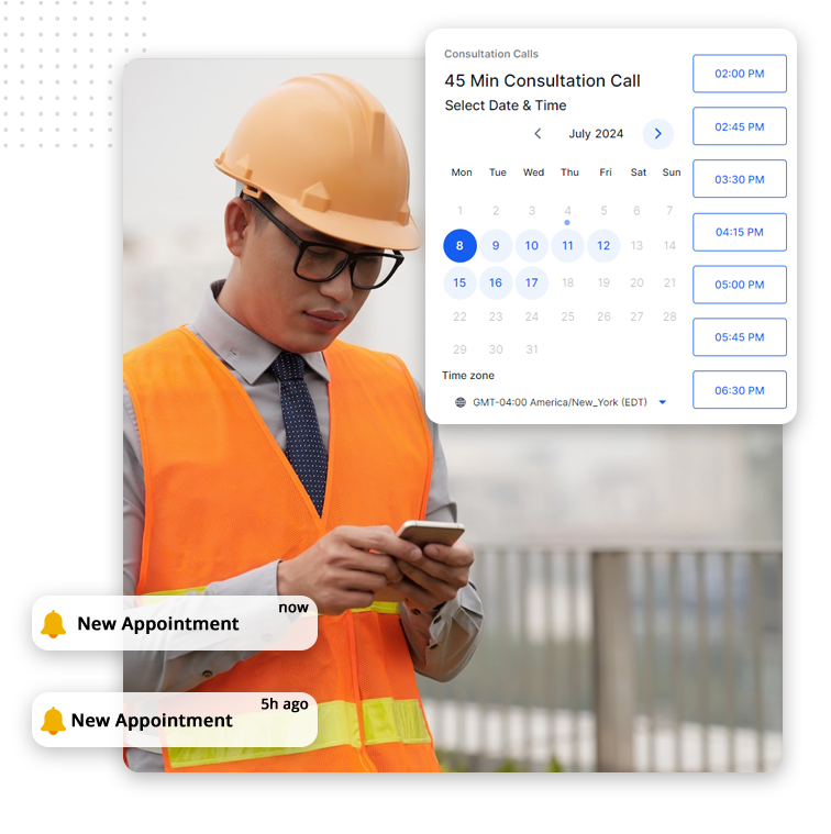 A man in a hard hat and safety vest uses his phone. Overlay shows a digital appointment scheduler for a consultation call and notifications, streamlining bookings within a marketing sales funnel.