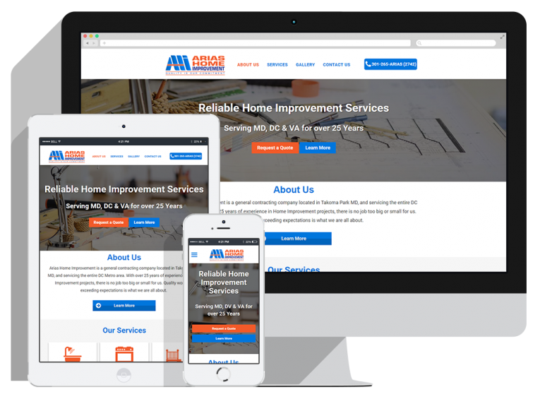 A website for Arias Home Improvement Services displayed on a desktop, tablet, and smartphone, showing a responsive design with text, buttons, and a header menu on all devices.