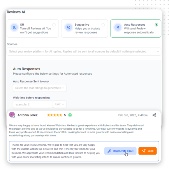 A reviews AI dashboard displays settings for automated replies, serving as a powerful reputation management tool. Below, a user’s 5-star review and an automated thank-you reply are shown, with Resend and Send buttons visible.