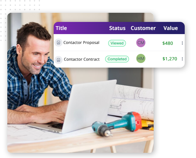 A smiling man looks at a laptop on a desk with blueprints and a drill; next to him, CRM Software for Small Businesses displays project titles, statuses, customer initials, and values on a digital list.