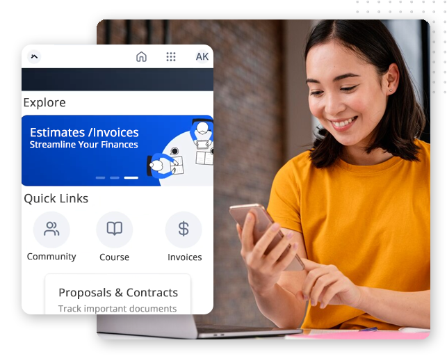 A woman in a yellow shirt smiles while looking at her smartphone. Next to her is a screen showing CRM software with sections for invoices, estimates, quick links, and proposals & contracts—perfect for small businesses.