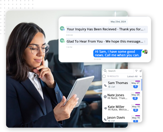 A woman in business attire holds a tablet and smiles. Overlaid on the image are chat messages and a contact list, highlighting efficient business communication with a crm platform for seamless connections.