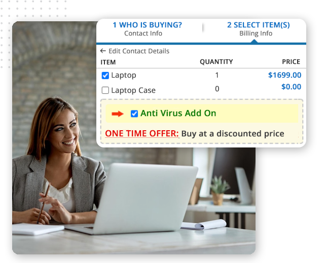 A woman in a gray blazer smiles at her laptop. Overlaid is a checkout screen for CRM Software for Small Businesses, showing a laptop priced at $1699, a free laptop case, and a discounted anti-virus add-on offer highlighted in yellow.