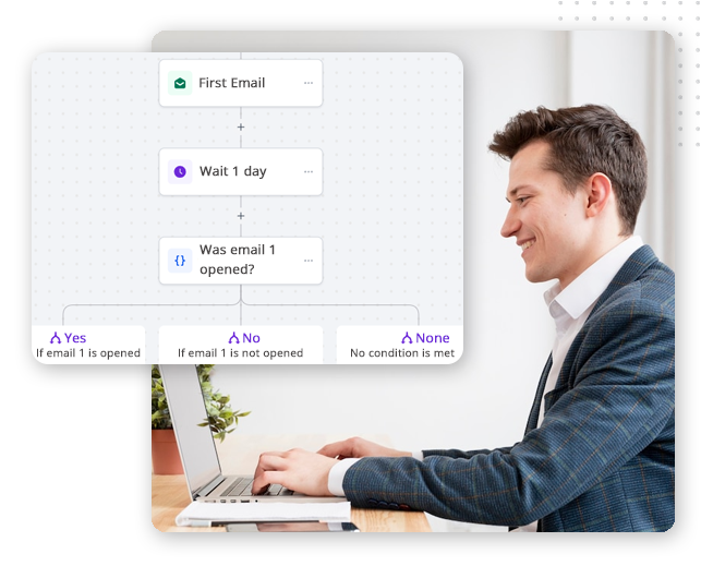A man in a suit types on a laptop at a desk. Overlaid is a flowchart showing an email automation sequence—built using the best CRM software—for sending emails, waiting one day, and tracking email opens to determine next steps.