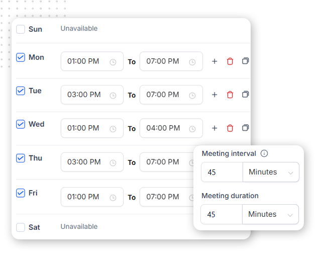 A scheduling interface within client portal software displays available weekday time slots with selectable start and end times, delete icons, and a settings popup for meeting interval and duration. Sunday and Saturday are marked unavailable.