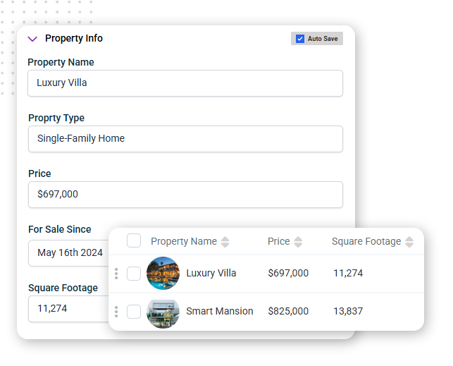 B2B-or-B2C-Capable-CRM-Features-img A property info form with fields for name, type, price, sale date, and square footage streamlines business process automation. Below, a table lists two properties: Luxury Villa ($697,000, 11,274 sq ft) and Smart Mansion ($825,000, 13,837 sq ft).