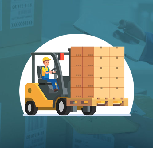 Illustration of a worker driving a yellow forklift, moving stacked cardboard boxes on a pallet, with a blue background featuring faint images of boxes and a person holding a clipboard.