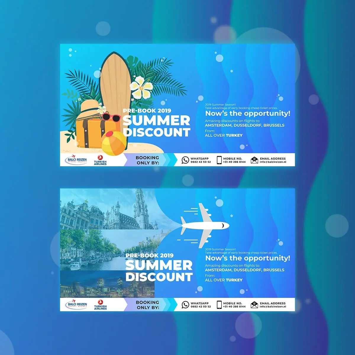 Two colorful travel banners, crafted by a top graphic design company, offer a Pre-Book 2019 Summer Discount with tropical items, surfboards, and an airplane over a cityscape, promoting trips to Amsterdam, Dusseldorf, Brussels, and Turkey.