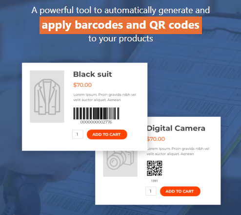 A promotional graphic shows two product cards with barcode and QR code labels. Text above reads: A powerful tool to automatically generate and apply barcodes and QR codes to your products.