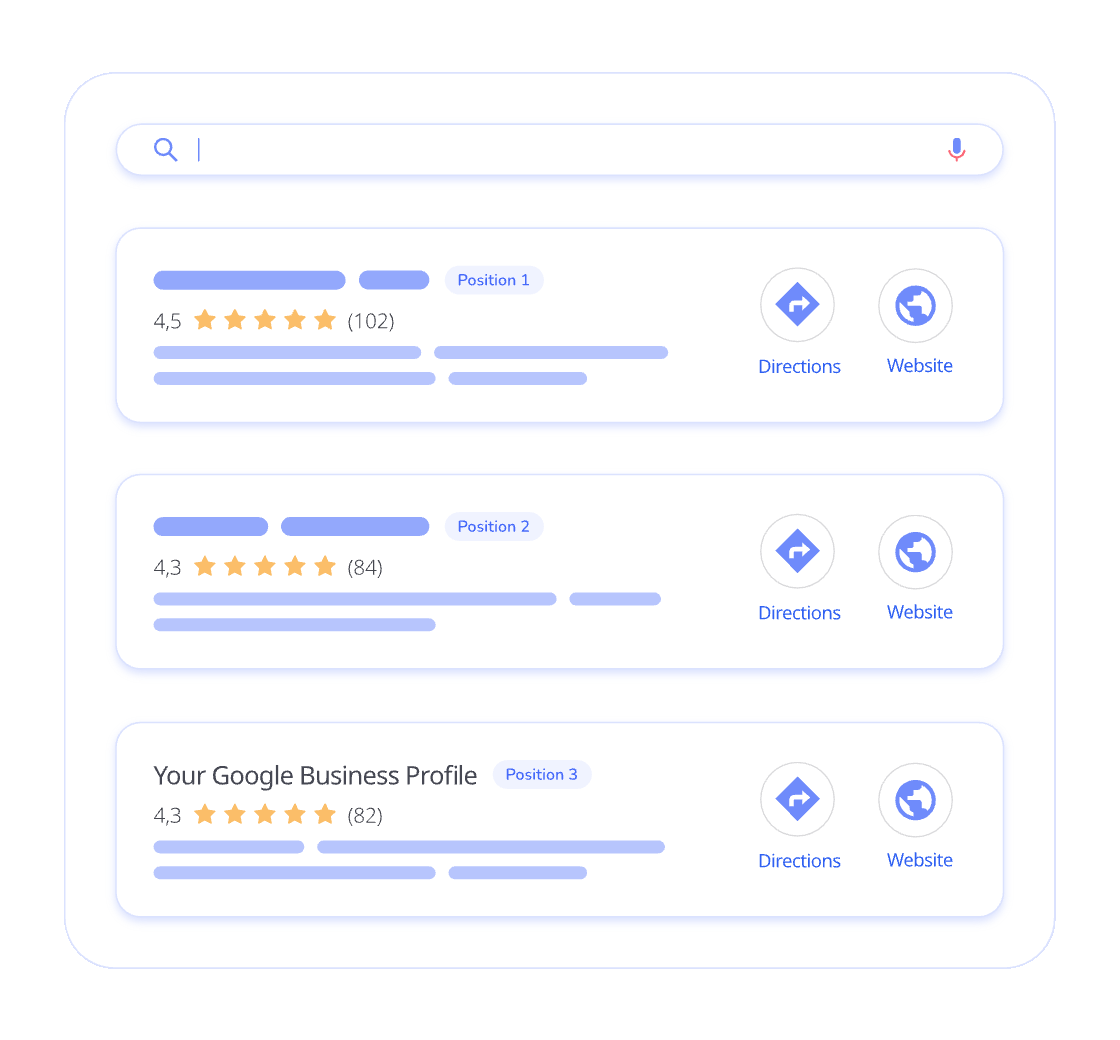 A search results page displays three business listings, each with a star rating, number of reviews, and buttons for directions and website—ideal for those interested in google my business optimization or seo for google business. Listings show Position 1, 2, and 3.