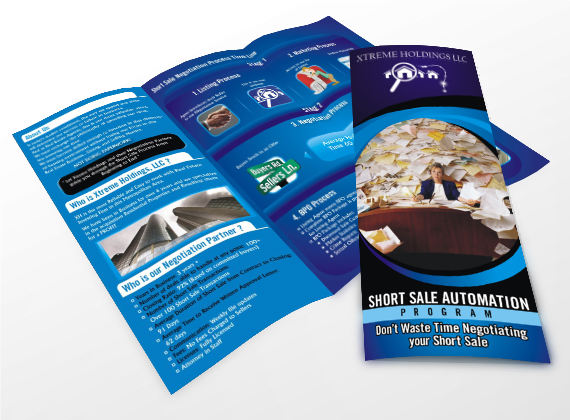 A blue and black tri-fold brochure for Xtreme Holdings LLC promoting a Short Sale Automation Program. The cover features images of a stressed person with papers, and inside are sections about negotiation and program benefits.