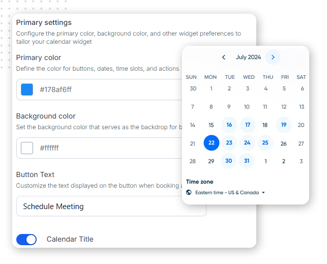 A calendar settings panel with options for primary color, background color, and button text. A date picker for July 2024 is open, showing dates, time zone, and a “Schedule Meeting” button—ideal for client portal software.