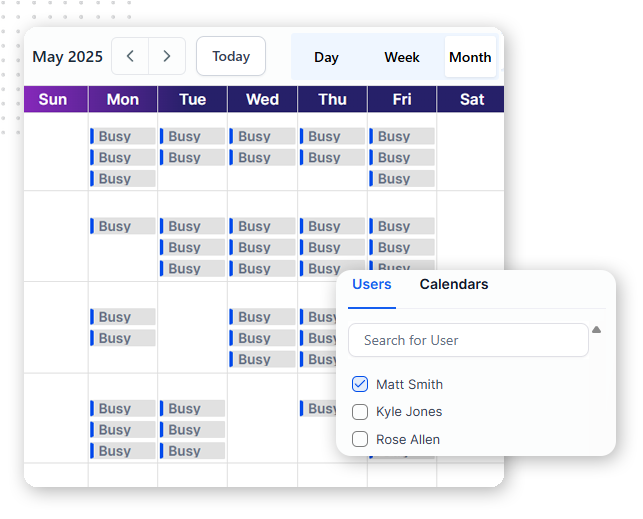 A calendar view for May 2025 shows user schedules marked as Busy. Integrated with client portal software, a pop-up menu lists users—Matt Smith (checked), Kyle Jones, and Rose Allen—with options to filter the displayed calendars.