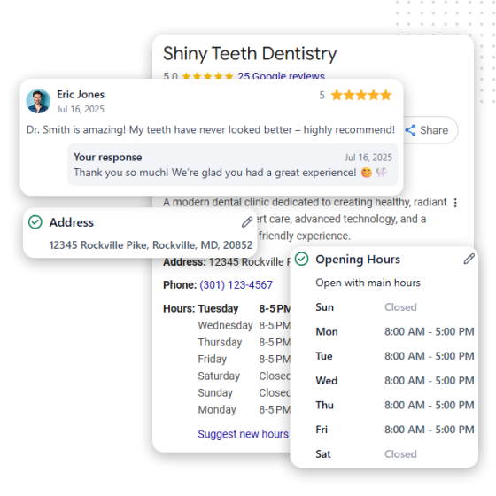 A digital interface displays a dentist’s Google review, business address, and opening hours. Overlay cards feature edit icons and mention available online payment systems, making it easy for patients to pay after their five-star visit with Dr. Smith.