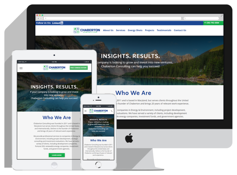 A website for Chaberton Consulting is displayed on a desktop, tablet, and smartphone. Showcasing Website Design Packages, the homepage features a mountain lake background, the company logo, navigation menu, and Who We Are section visible on all devices.