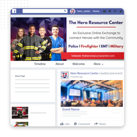 A social media profile page for The Hero Resource Center, managed by a leading social media management company, features four uniformed professionals and a banner promoting an exclusive online exchange for heroes. Event section shown below.