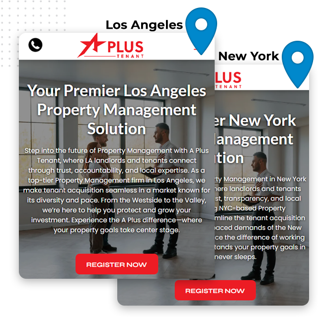 Two overlapping cards promote property management services in Los Angeles and New York. Each card highlights local landing pages with a location pin, company logo, brief service description, and a prominent red Register Now button.