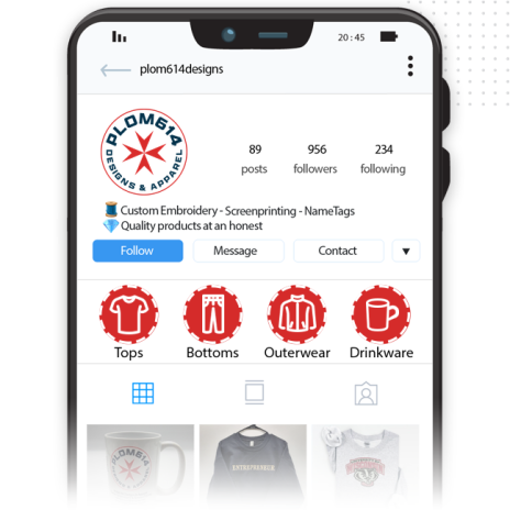 A smartphone screen displays the Instagram profile plom614designs, showcasing effective social media branding with a logo, bio, profile stats, and category highlights for tops, bottoms, outerwear, and drinkware. Part of the photo grid is visible below.