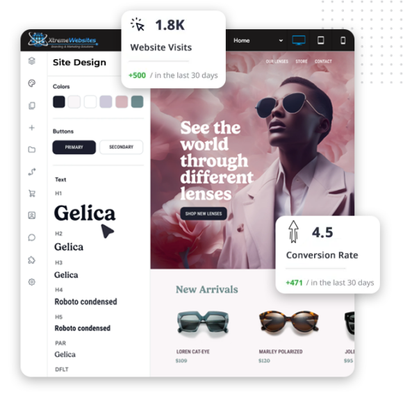 A website dashboard for a sunglasses e-commerce site editor features custom web design options on the left and a preview with models wearing sunglasses on the right. Pop-ups display website visits and conversion rate statistics.
