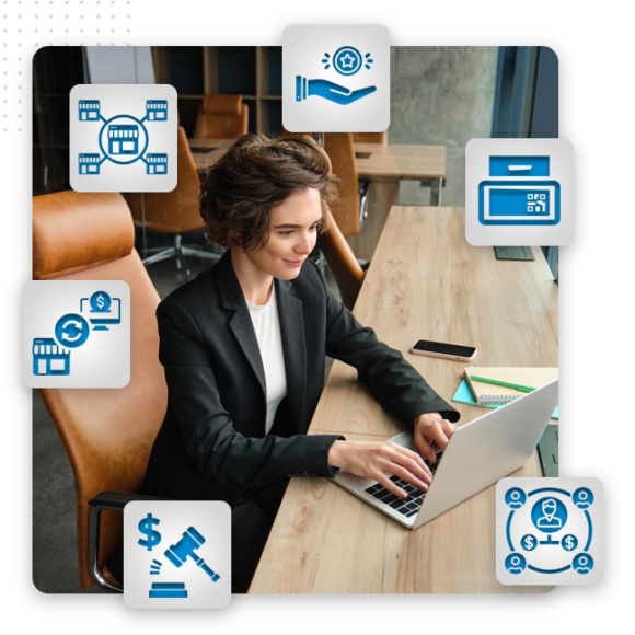 A woman in business attire types on a laptop at a modern office desk, surrounded by digital finance icons, reflecting the dynamic world of best ecommerce sites, including online payment, savings, a credit card, a store, money transfer, and auction symbols.