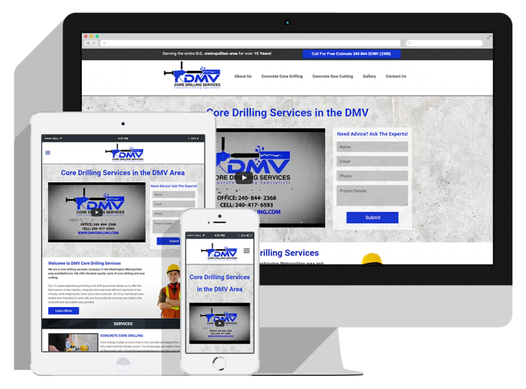 A responsive website for a core drilling service is displayed on a desktop monitor, tablet, and smartphone, showing consistent branding, contact info, and service details across all devices.