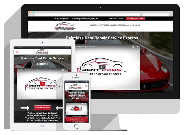 A website for Dent Pros Auto Dent Repair Express is displayed on a desktop, tablet, and smartphone, showing the homepage with a red sports car, logo, navigation bar, and a request quote button.