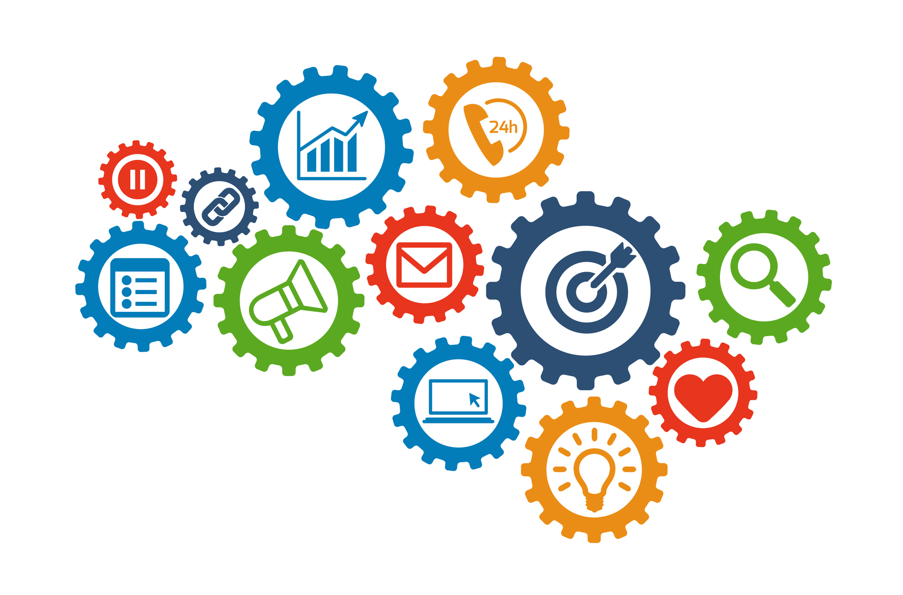 SEO mechanism concept. Abstract background with integrated gears and icons for strategy, digital, internet, network, connect, analytics, social media and global concepts. Colorful gears with icons, such as target, graph, and checklist, symbolize business concepts and eCommerce Design Plans, all interconnected on a white background.