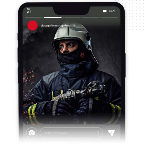 A firefighter in full gear, including helmet and gloves, holds a fire hose nozzle. Sparks fly in the background. The image appears on a smartphone as a social media story, showcasing bold social media graphics for impactful branding.