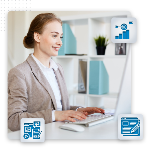 A woman in a beige blazer types on a desktop computer in a bright office, with illustrated icons of marketing, analytics, and content creation superimposed around her—reflecting the dynamic work of a content marketing agency.