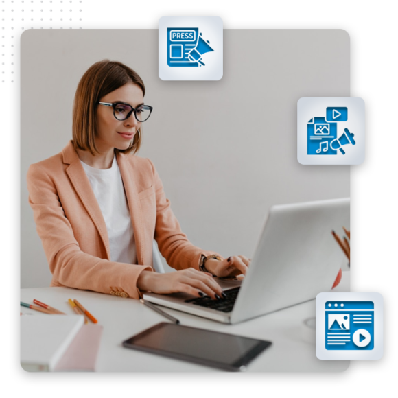 A woman wearing glasses and a peach blazer sits at a desk typing on a laptop, surrounded by digital icons representing content writing, media, music, press, and web content.