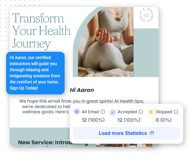 Dynamic-Template-Management-image A promotional email for a health spa features a person meditating, highlights certified instructors, and uses crm management software to track email stats—12 sent, all accepted, none skipped. A “Load more Statistics” button invites further insights.