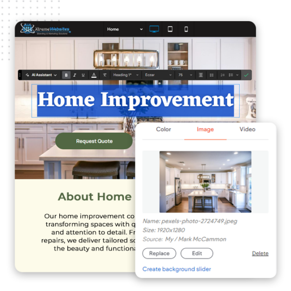 A website editor displays a Home Improvement webpage with text and a request quote button. Professional web designers can upload a kitchen photo, replace or edit images, and create a custom background slider for the best web design experience.