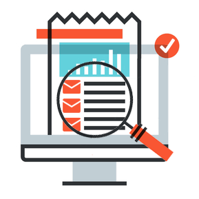 Illustration of a computer monitor displaying a document with checkboxes and a bar chart, overlaid with a magnifying glass and a red checkmark in a circle, symbolizing thorough document review for an email marketing agency or analysis.