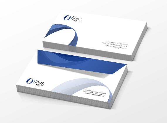 A stack of business cards featuring the fibes logo, blue curved graphic elements, and contact details in small text on a white background. Two cards are prominently displayed, one facing up and one facing down.
