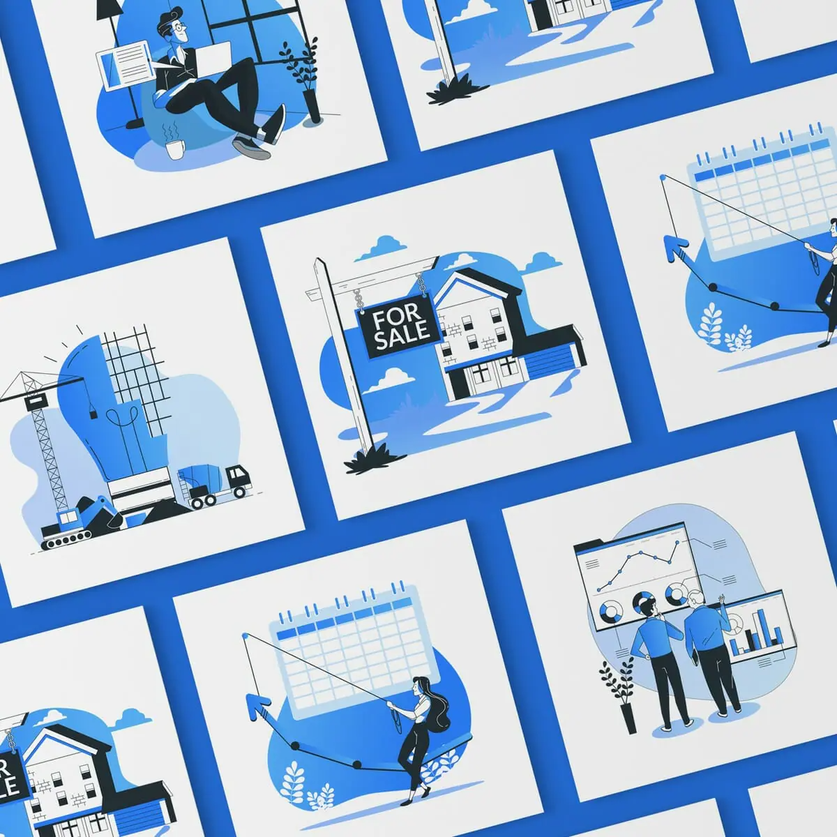 A grid of illustrated square tiles showcases real estate and business scenes, crafted in blue and white tones—perfect for a digital design or graphic design company, featuring construction, sales, chart analysis, and calendar icons.