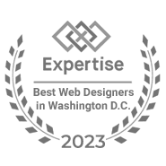 A gray award badge with laurel leaves, the Expertise logo, and text reading Best Web Designers in Washington D.C. 2023, perfect for featuring in an Award Slider or with a Tooltip for added recognition.