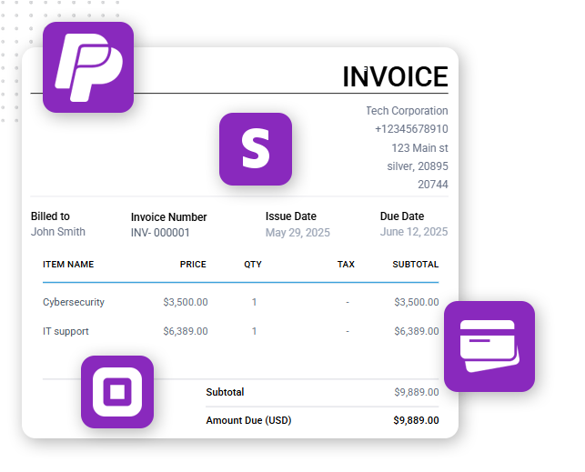 An invoice displays charges for cybersecurity, IT support, and service management, with a total amount due of $9,889.00 USD. PayPal, Stripe, and Square payment icons surround the invoice.