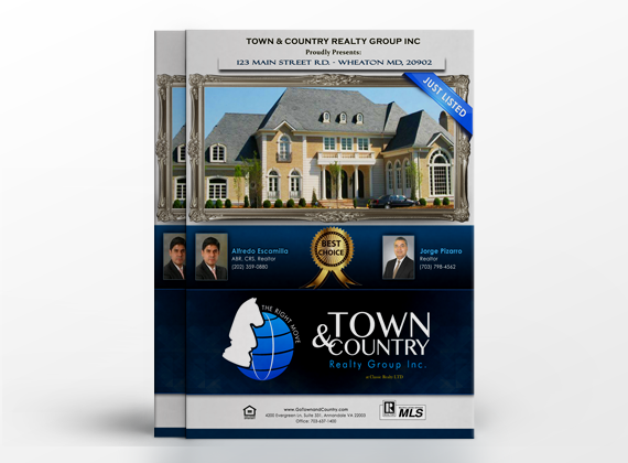 A real estate flyer for Town & Country Realty Group Inc. features a large house with a Just Listed banner, agent photos and contact info, and the company logo at the bottom.
