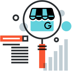 Illustration of a magnifying glass focusing on a store icon with the letter G, surrounded by abstract shapes, a horizontal bar, and a vertical bar graph, symbolizing business search or analytics for merchant services and online payment systems.
