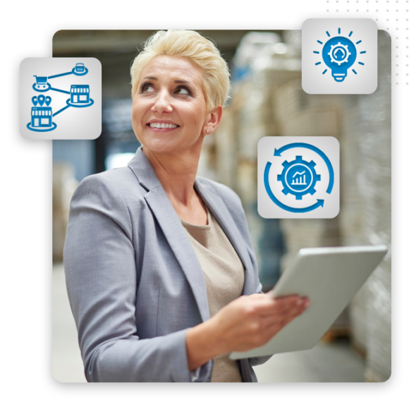 A smiling woman in a light gray blazer holds a tablet in a warehouse. Blue icons of a supply chain, light bulb, and gear appear around her, illustrating ideas and processes for ecommerce development.