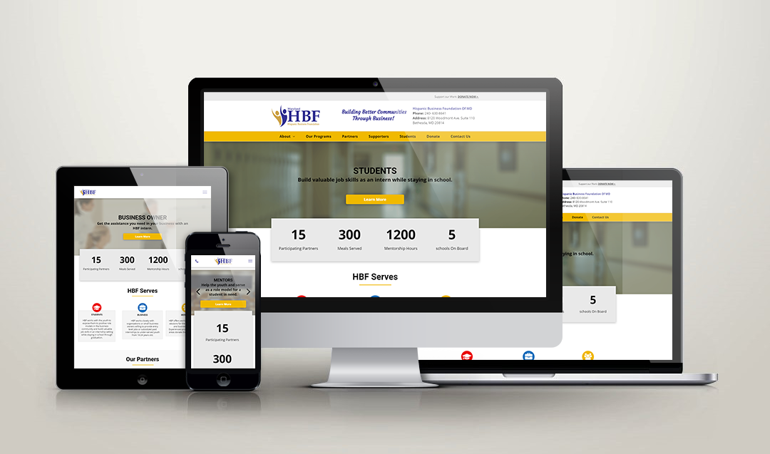 A responsive website design for HBF is displayed on a smartphone, tablet, laptop, and desktop monitor, highlighting consistent branding with a yellow and blue color scheme and information about services offered by mercado 87.
