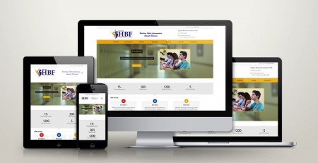 A website is displayed on a desktop monitor, laptop, tablet, and smartphone, showcasing its responsive design and blue and yellow theme. The homepage features the HBF logo, photos of students, and highlights engaging case studies.