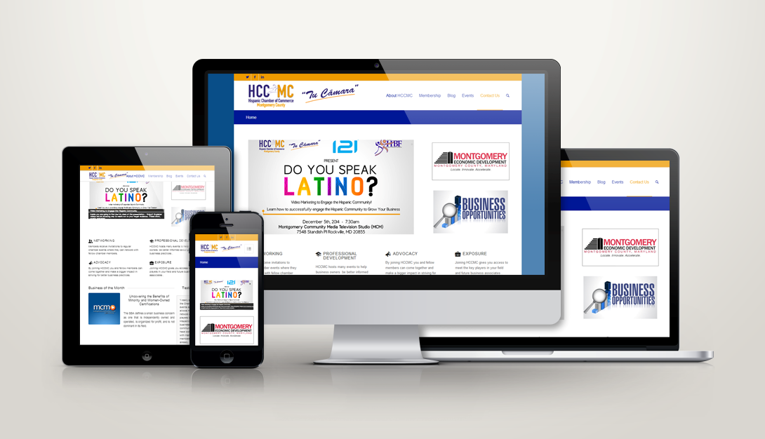 A website about HCCMC Latino business community events is shown displayed responsively on desktop, laptop, tablet, and smartphone, highlighting its mobile-friendly website design.
