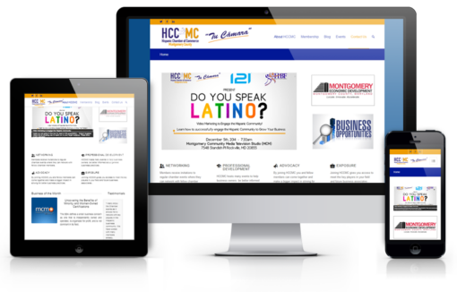 A website for hccmc, the Hispanic Chamber of Commerce, is displayed on a tablet, desktop, and smartphone, showing the homepage with a banner reading Do You Speak Latino? and navigation menus.